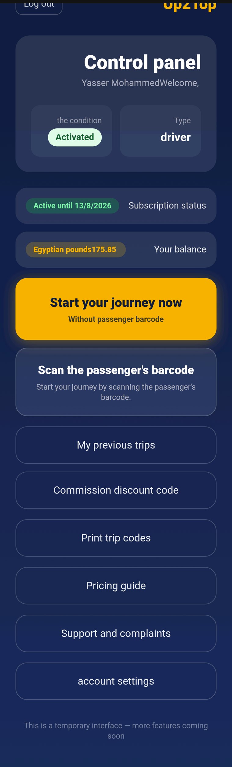 Digital Taxi Meter driver control panel showing account status, subscription validity, balance and the button to start a trip.